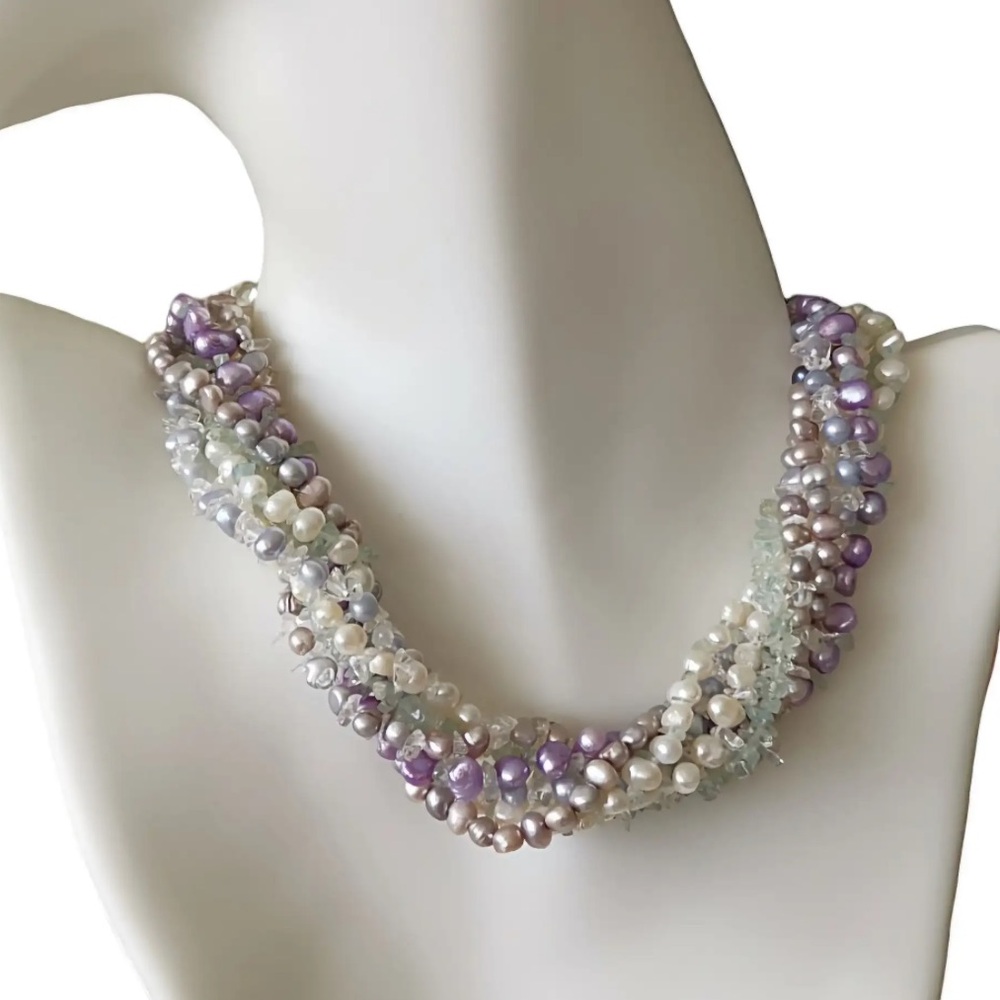 Lavender, Grey Freshwater Pearl Blue Topaz Torsade Necklace Pearl Necklace